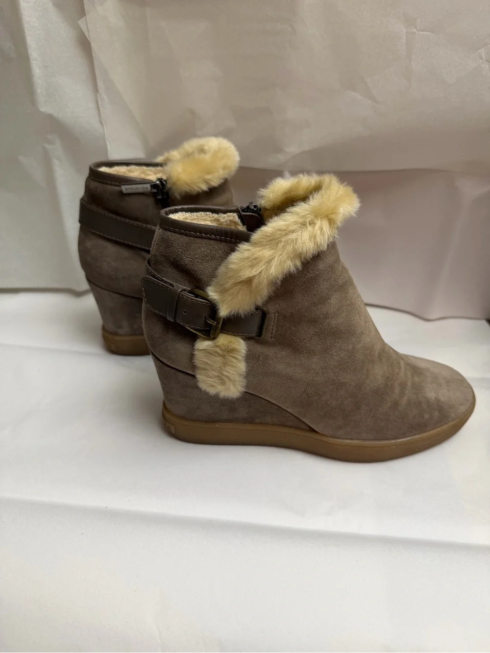 Aquatalia Taupe Suede Fur-Trim Ankle Boots